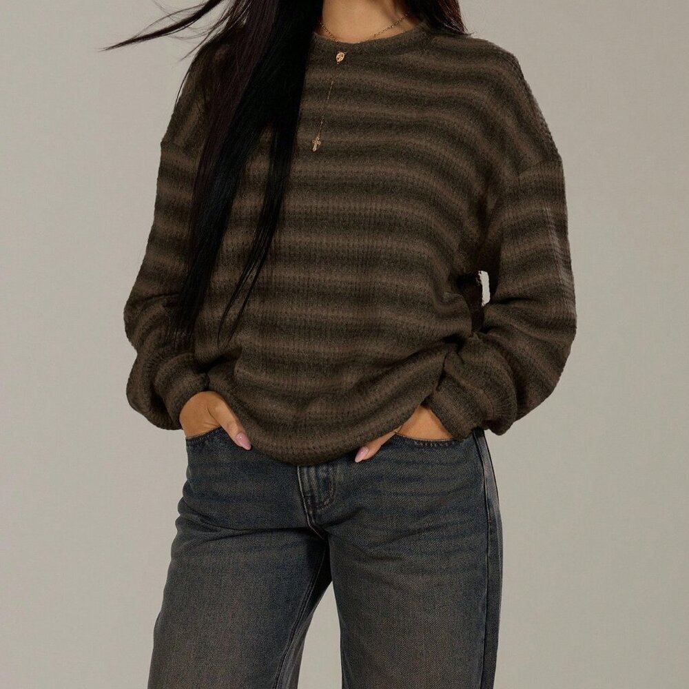 Brown Oversized Casual Women's Striped Crew Neck Jumper
